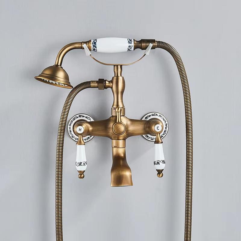 Antikes Messing Badewannen-Duscharmatur-Set Badezimmer Doppelgriff Wandmontierter Badewannenmischer mit Handbrause und Schwenkauslauf