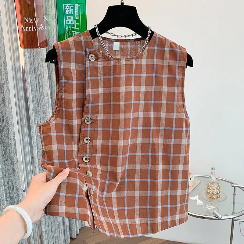 

Жилет в клетку в стиле ретро для женщин 2025 года, летняя новая иностранная стильная уникальная шикарная свободная и тонкая рубашка без рукавов с круглым вырезом 2XL