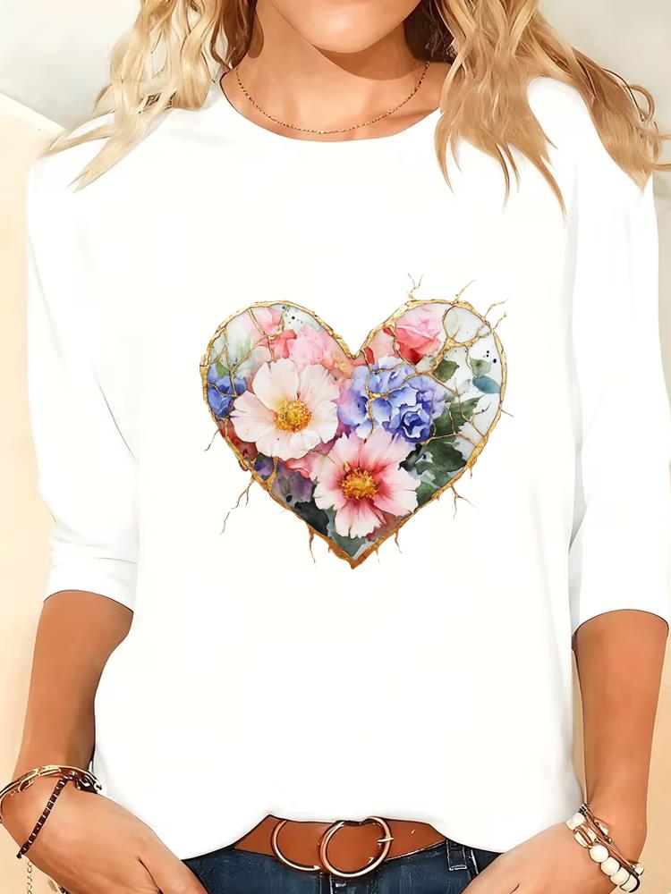 

(Asian Size) Lady Printed o-neck love letter heart trend Women T Shirt Tee Female Clothing Casual Fashion Top Long Sleeve Graphic T-shirts S