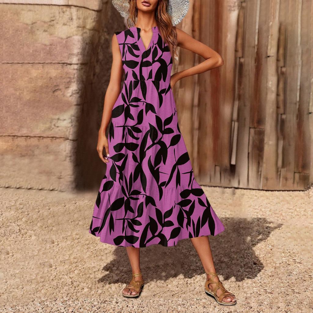 Women's Casual And Fashionable V-neck  Sleeveless Printing Mid Length Dress