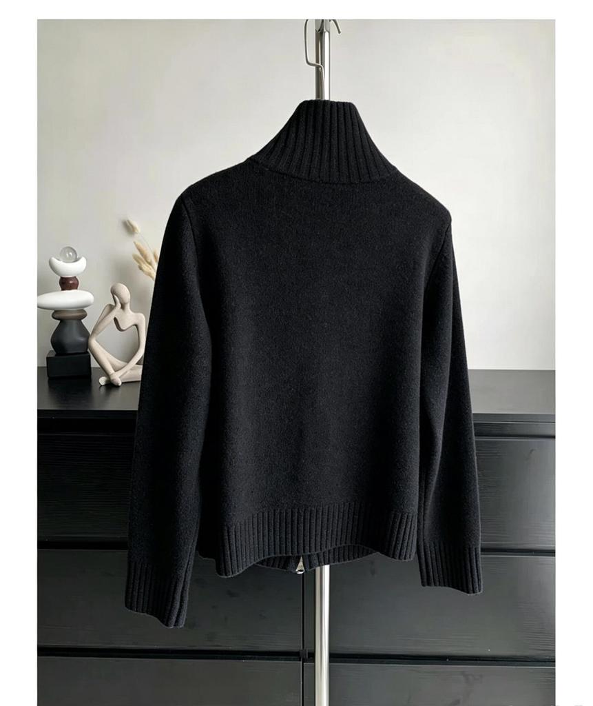 2026 European-Style High Neck Zipper Cardigan: Women's Pure Wool Thick Cashmere Knit Sweater Coat for Autumn and Winter