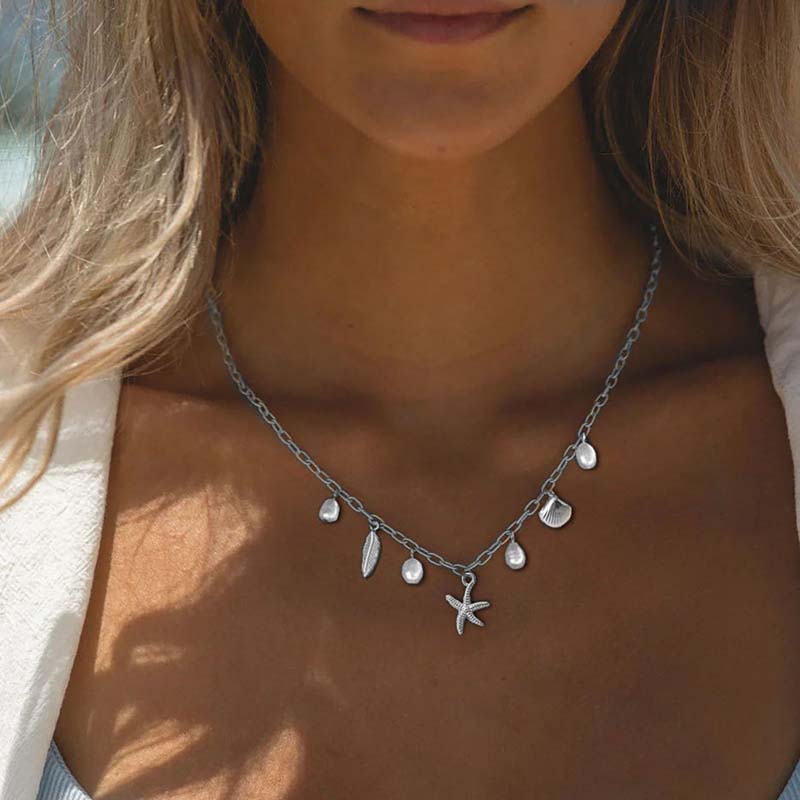 Fashion Gold Color Starfish Pendant Necklace for Women Bohemian Imitation Pearl Shell Clavicle Chain Summer Beach Jewelry