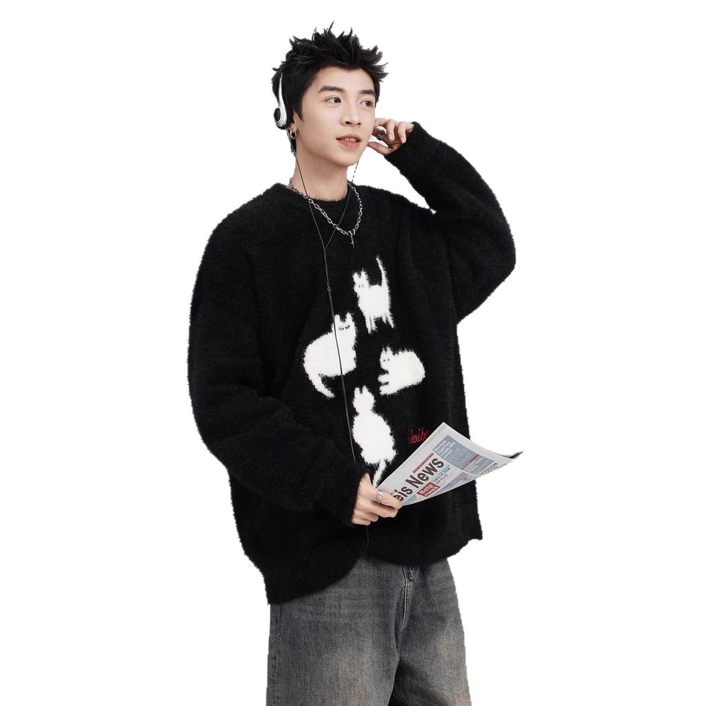 Men's Cartoon Cat Mohair Winter Sweater: American Style Loose Casual Round Neck Knitwear Cardigan