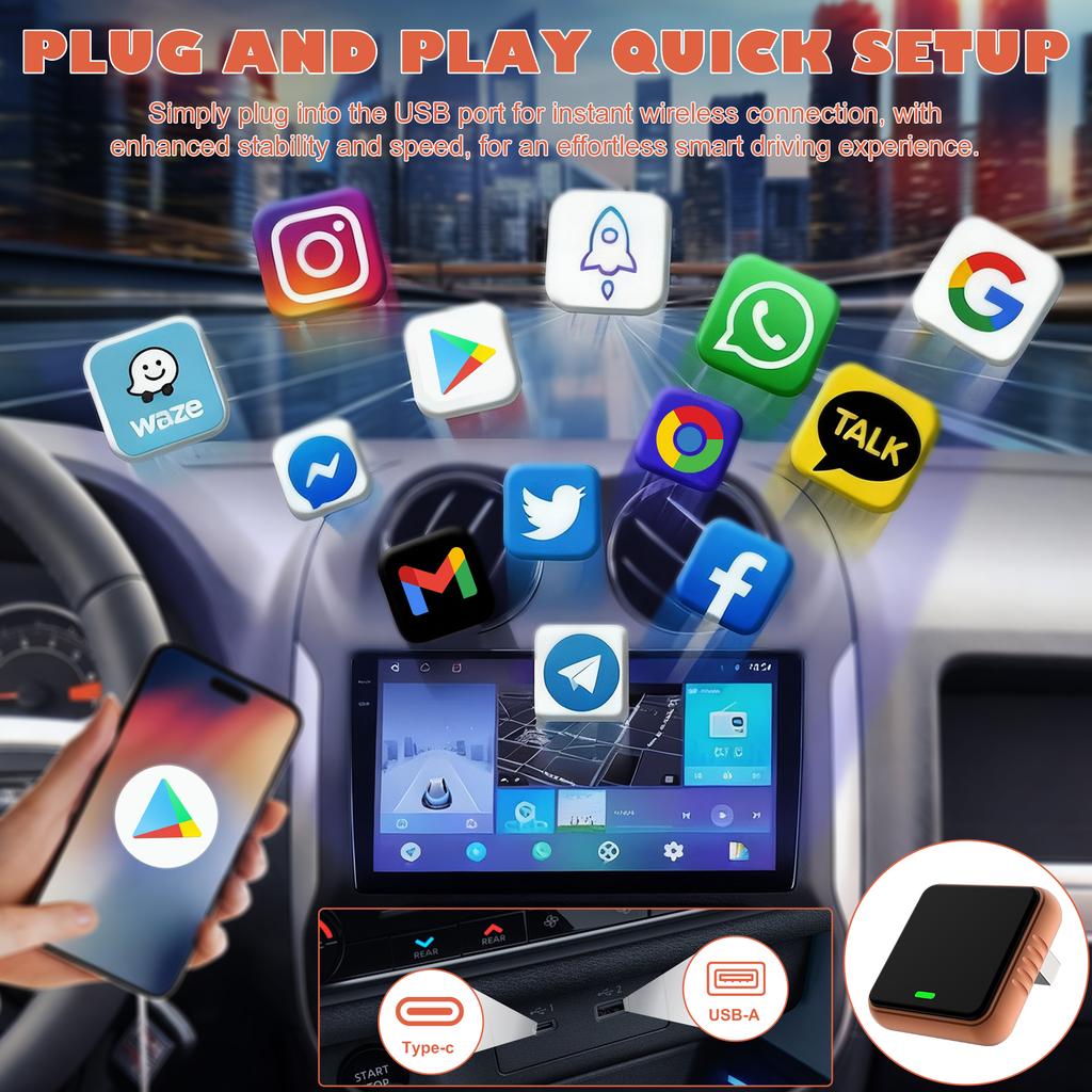 2 V 1 Bezdrátový adaptér Carplay Android Auto Adaptér z kabelového na bezdrátový Carplay pro iPhone Bezdrátové ovládání Plug & Play Carplay