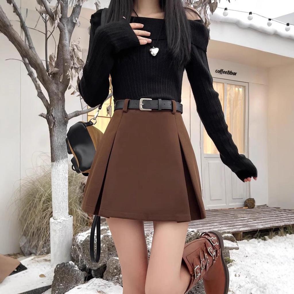 Women's Petite Wool A-Line Pleated Skirt in Coffee - Flattering High-Waisted Pencil Design for Autumn/Winter 2025