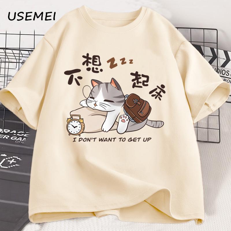 

Я не хочу вставать Футболки с графикой кота Забавная футболка с принтом для любителя кошек Повседневная модная хлопковая футболка оверсайз Мужская одежда Топы XL