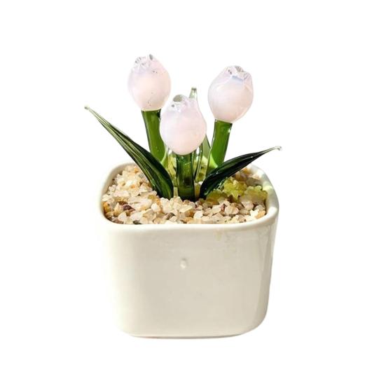Faux Crystal Flower Figurine Mini Hand Blown Glass Potted Flower Ornament for Home Office Table Decor Gifts for Wedding Birthday Mother's