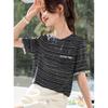 Srcr Women's 100% Mulberry Silk Striped Short-Sleeve T-Shirt
