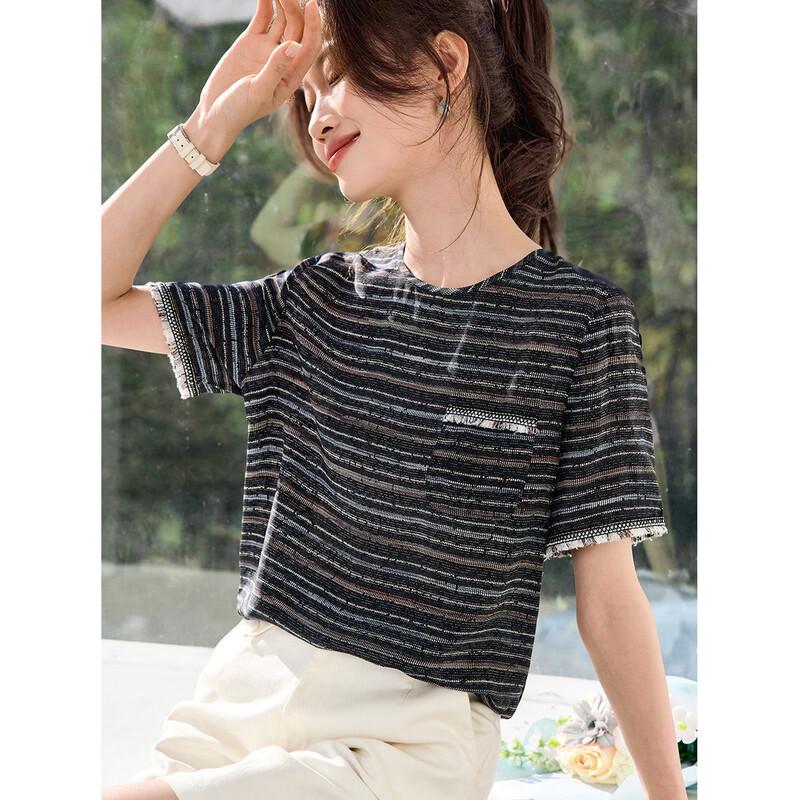 Srcr Women's 100% Mulberry Silk Striped Short-Sleeve T-Shirt
