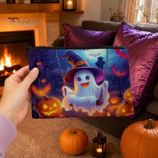 Wear-resistant Canvas Pouch Halloween Storage Bag, with Colorful Cartoon Ghost Print, Durable Travel Bag Makeup Zipper Large Capacity Lightweight
