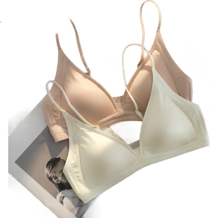 Mankejiao Women's Summer Thin Bra, Small Bust Non-Slip Cup Push-Up, Foundation Liquid Thin Strap Bra, French Deep V Triangle Cup