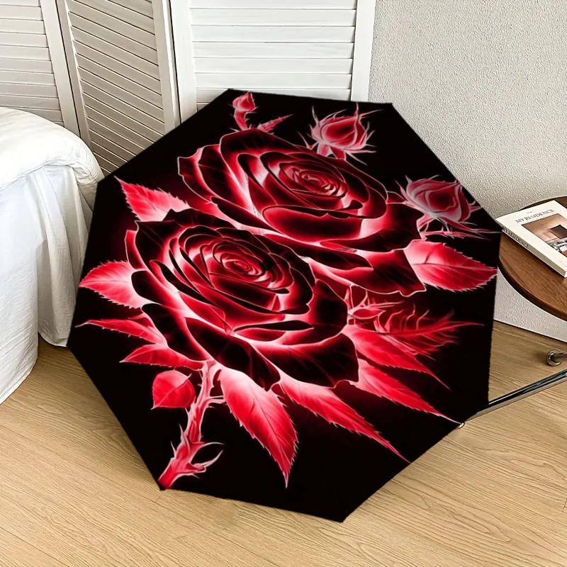 Red Rose Auto Open Close Umbrella - Portable Folding Design with 8-Bone Iron Frame, Perfect for Outdoor, Festive Gifts, Travel, Daily Use, a