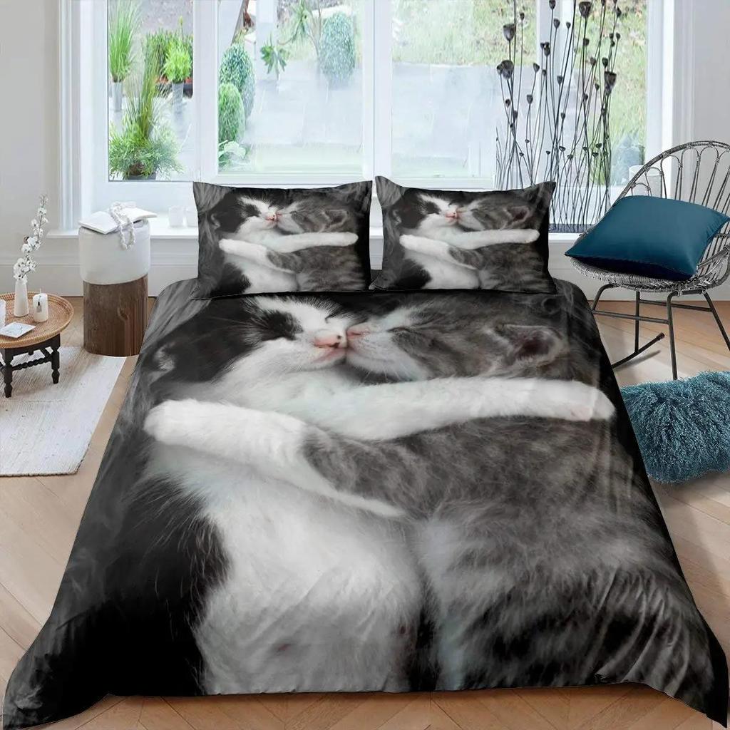 3D-Digitaldruck 2/3-teilig Bettbezug mit Tier- und Katzenmuster, Kissenbezug, Doppelbett-Set, Steppdecke, weiche Mikrofaser-Bettwäsche