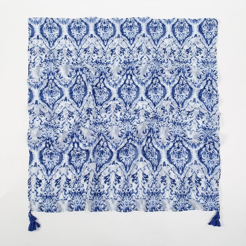 Spring and Autumn New Bali Yarn Tassel Retro Printed Geometric Scarf Versatile Fashion Travel Sunscreen Shawl Silk Scarf Women