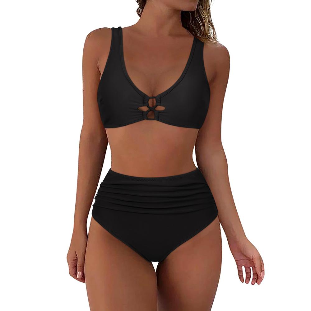 High Waist Bikini Set for Women 2025 Summer Two Pieces Solid Color Hollow Out Sexy Swimsuit Beach Bathing Suit Swimwear Women