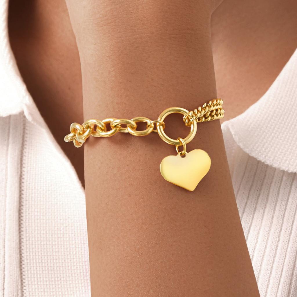 Vintage Stainless Steel Thick Chain Love Heart Charms Bracelet For Women Grils Gift Waterproof Jewelry
