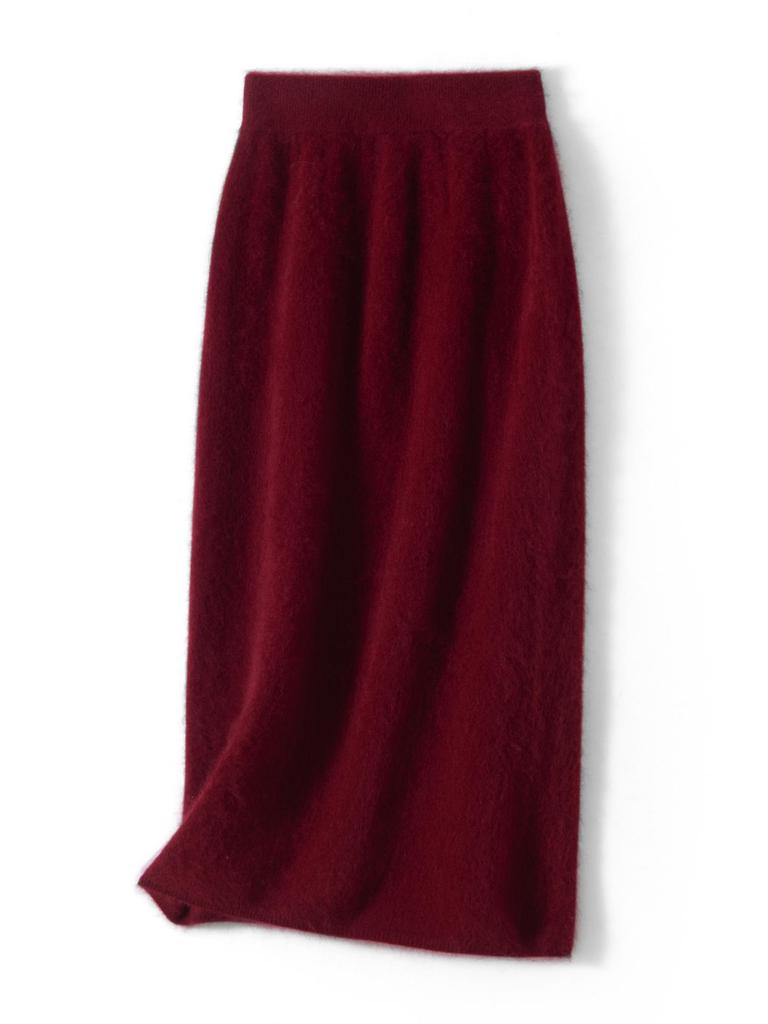 Cashmere Wool Flocked Knee-Length Pencil Skirt for Women - Autumn/Winter Collection