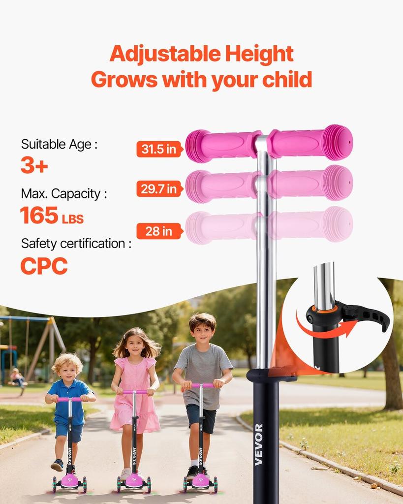 Kick Scooter for Kids Ages 3+, 3-Wheel Toddler Scooter with Light-Up Wheels, Adjustable Height Handlebar, Wide Anti-Slip Deck, Lightweight Aluminum