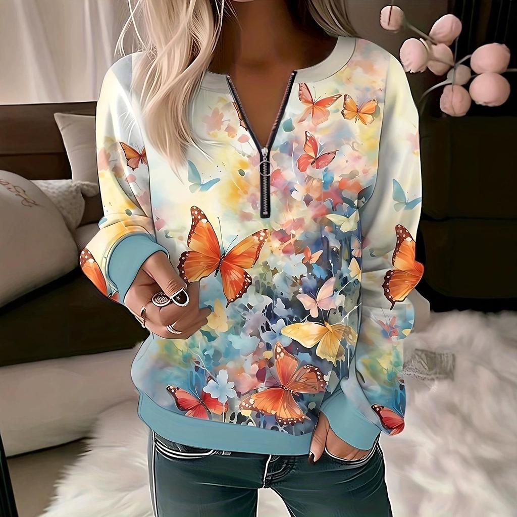 Sweat à capuche imprimé pour femme, coupe ample, demi-fermeture éclair, collection Automne-Hiver 2023