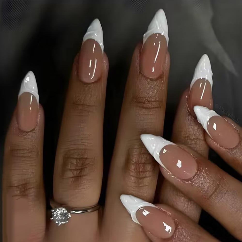 24 Peças Unhas Postiças Francesas Amêndoa Douradas Simples Ovais Cobertura Total Pontas de Unha Press-On Unhas Postiças Usáveis