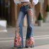 Bell Bottom Jeans for Women 3D Digital Floral Print Stretch Flared Jeans Mid Rise Retro Denim Pants with Pockets