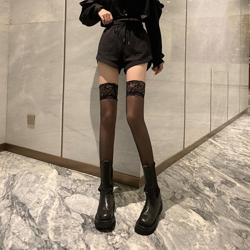 Wiosna/Lato Białe Jedwabne Podkolanówki za Kolano z Koronkowym Wykończeniem