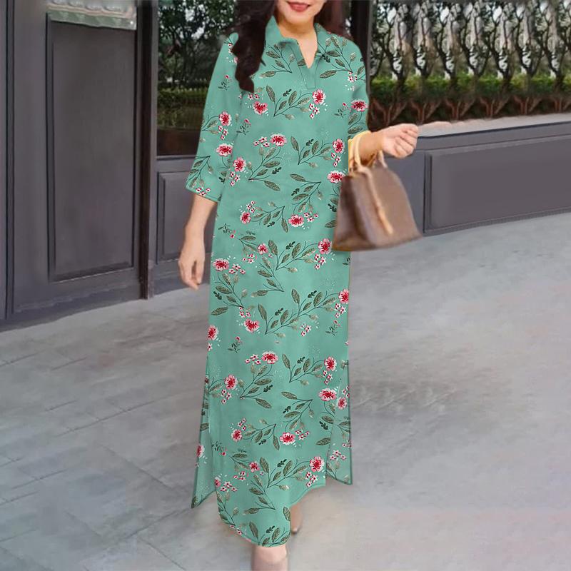 ZANZEA Women Turn Down Collar 3/4 Sleeve Loose Print Dress