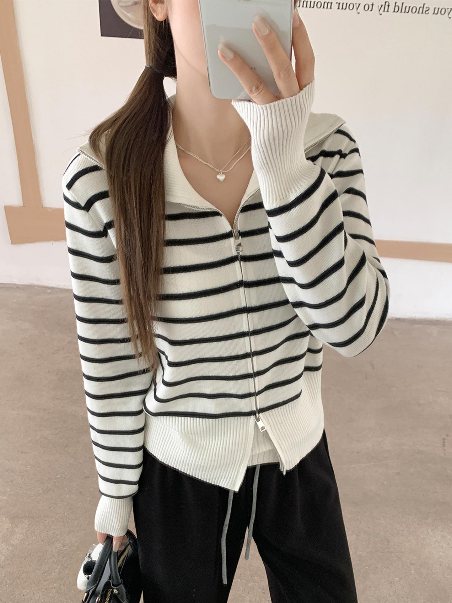 

Lapel striped zipper design sense long sleeve knitted cardigan jacket women s autumn new versatile loose top One size fits all