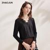 Zhaojun Elegantes Langarm-Oberteil aus Maulbeerseide mit Spitzen-Patchwork