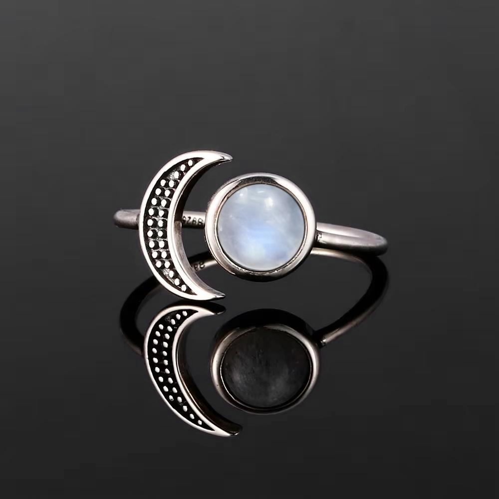 Vintage 925 Silver Ring Natural Moonstone Flower Ring 925 Hollow Eye Shape Round Sun And Moon Ring Fine Jewelry for Women Men