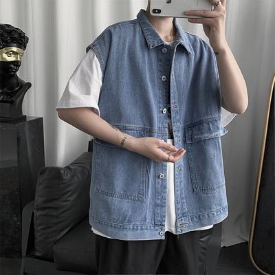 Colete Jaqueta Jeans Jaqueta Masculina Tendência Primavera e Outono Estilo Coreano Solto Estilo Bf Sem Mangas Ferramenta Colete Colete