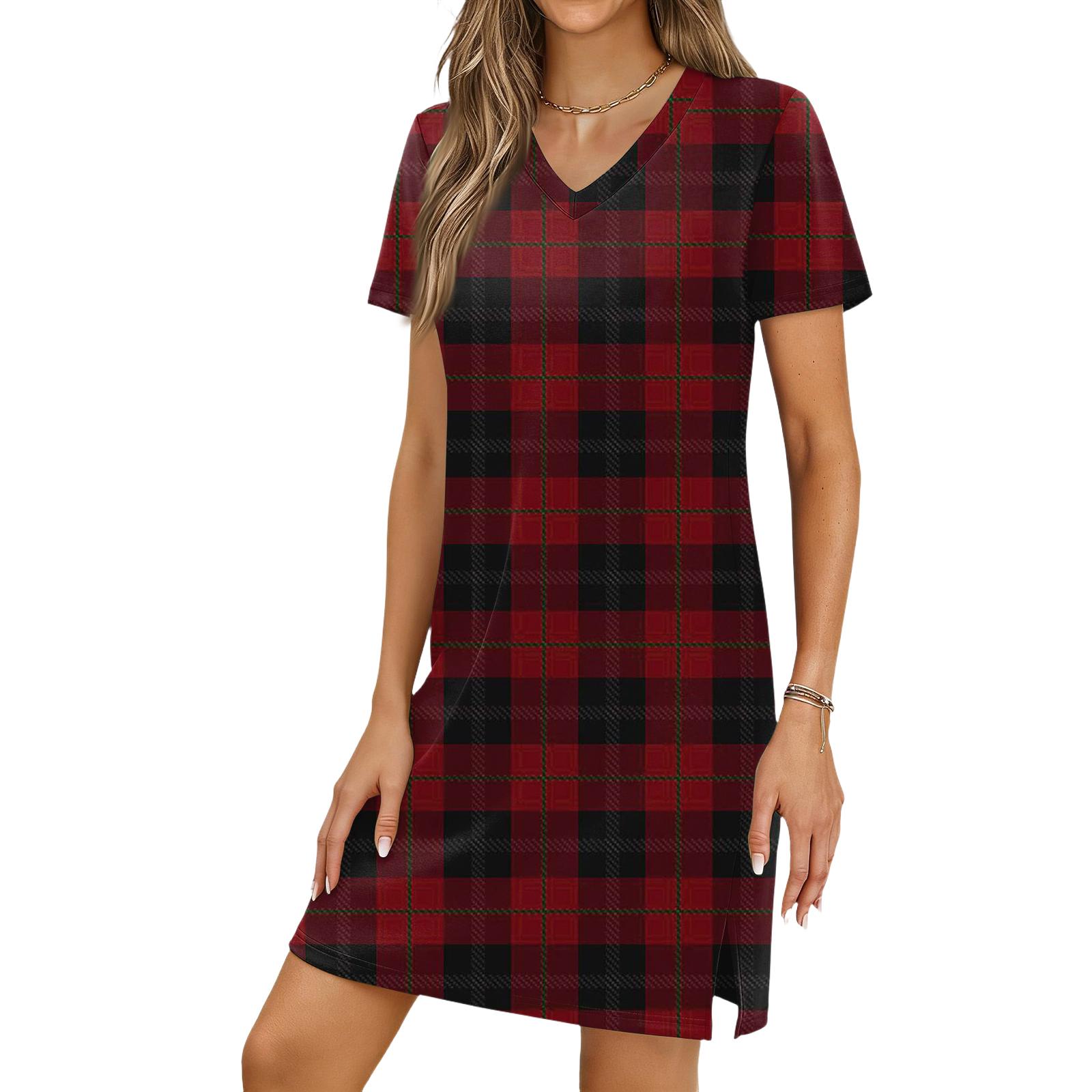 Women s Casual V-neck Short Sleeve Split Hem Plaid Print Dress L