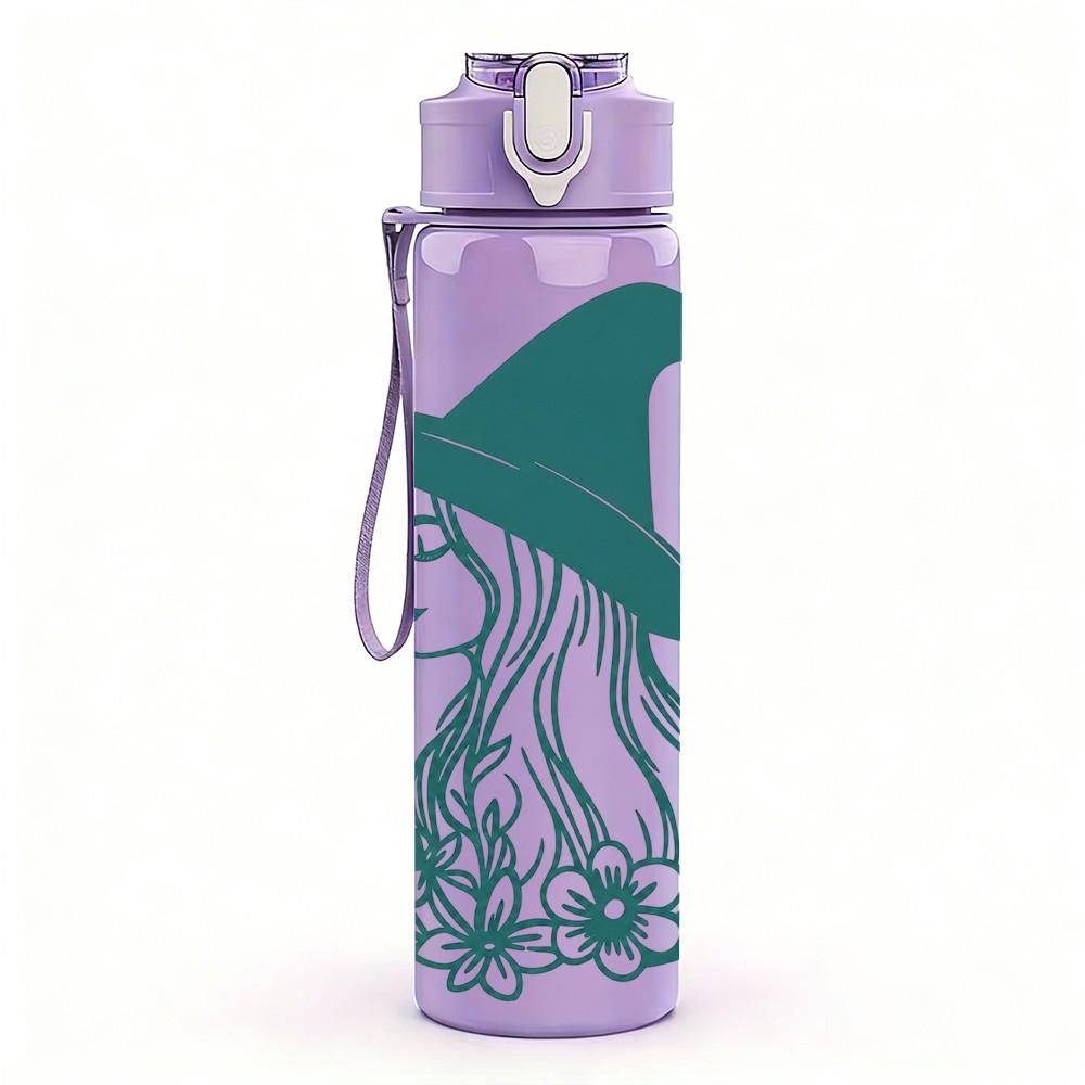 1PC Green Line Art Witch Girl 750ml Color Plastic Sports Water Bottle Leakproof Flip Straw Lid Suitable for Sports Office Home Use