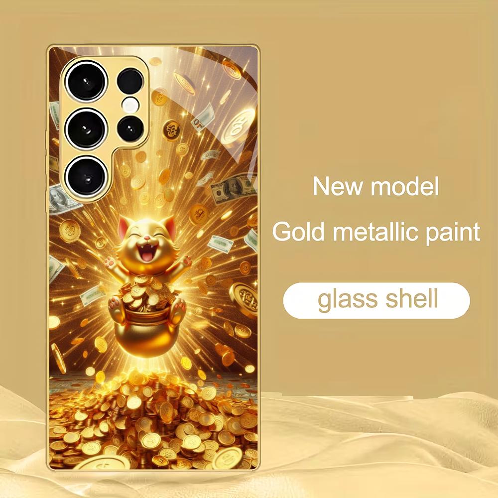 

Fortune Cat Gold Plated Tempered Glass Phone Case Suitable for Samsung Galaxy S26 S25 S24 S22 S21 S20 FE/Ultra/Plus Anti Drop GalaxyS25