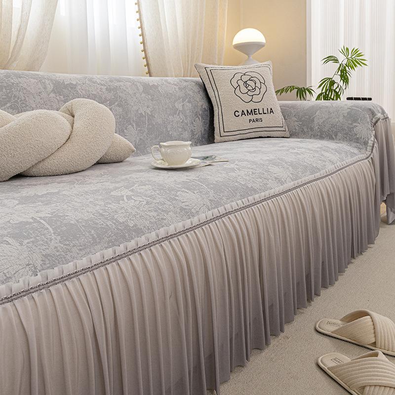 1 Stück Chenille Sofabezug mit geometrischem Blattmuster & Spitzenbesatz Einteiliges Design für 1- bis 4-Sitzer-Sofas, Ganzjahres-Dekor für Wohn- & Schlafzimmer