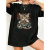 Oversized T Shirt Black Cat Eating Noodles With Chinese Characters And Mountains Print Casual Streetwear For Women And Men