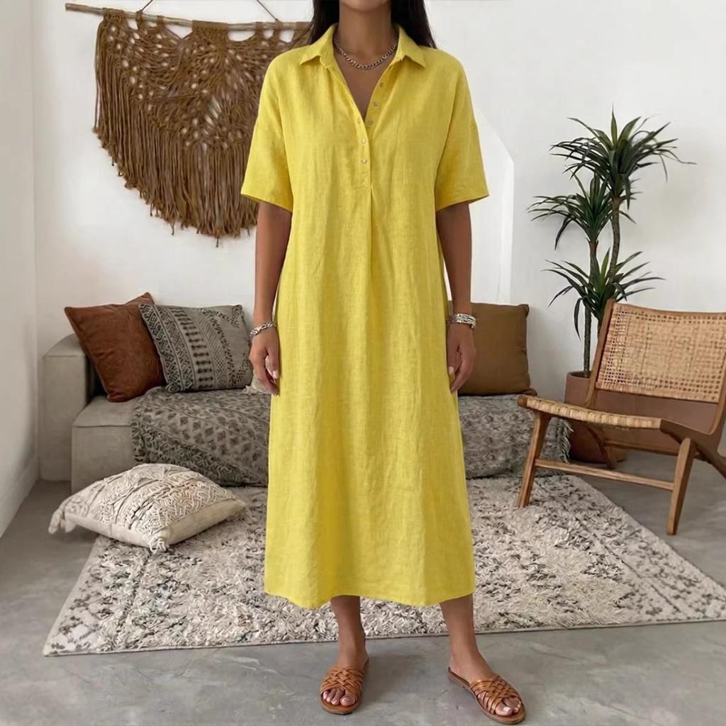 Spring Summer Linen Short Sleeve Polo Collar Straight Casual Dress, Comfortable Loose Dress for Women, Leisure