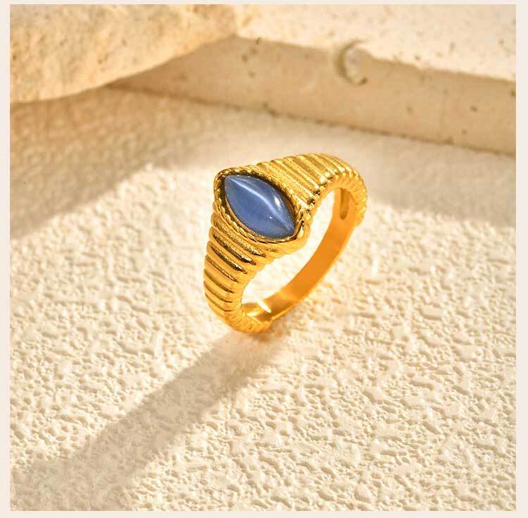 Stainless Steel Finger Rings for Women, Vintage Opal Blue Natural Stone Eye-shape Ring, Aesthetic Jewelry