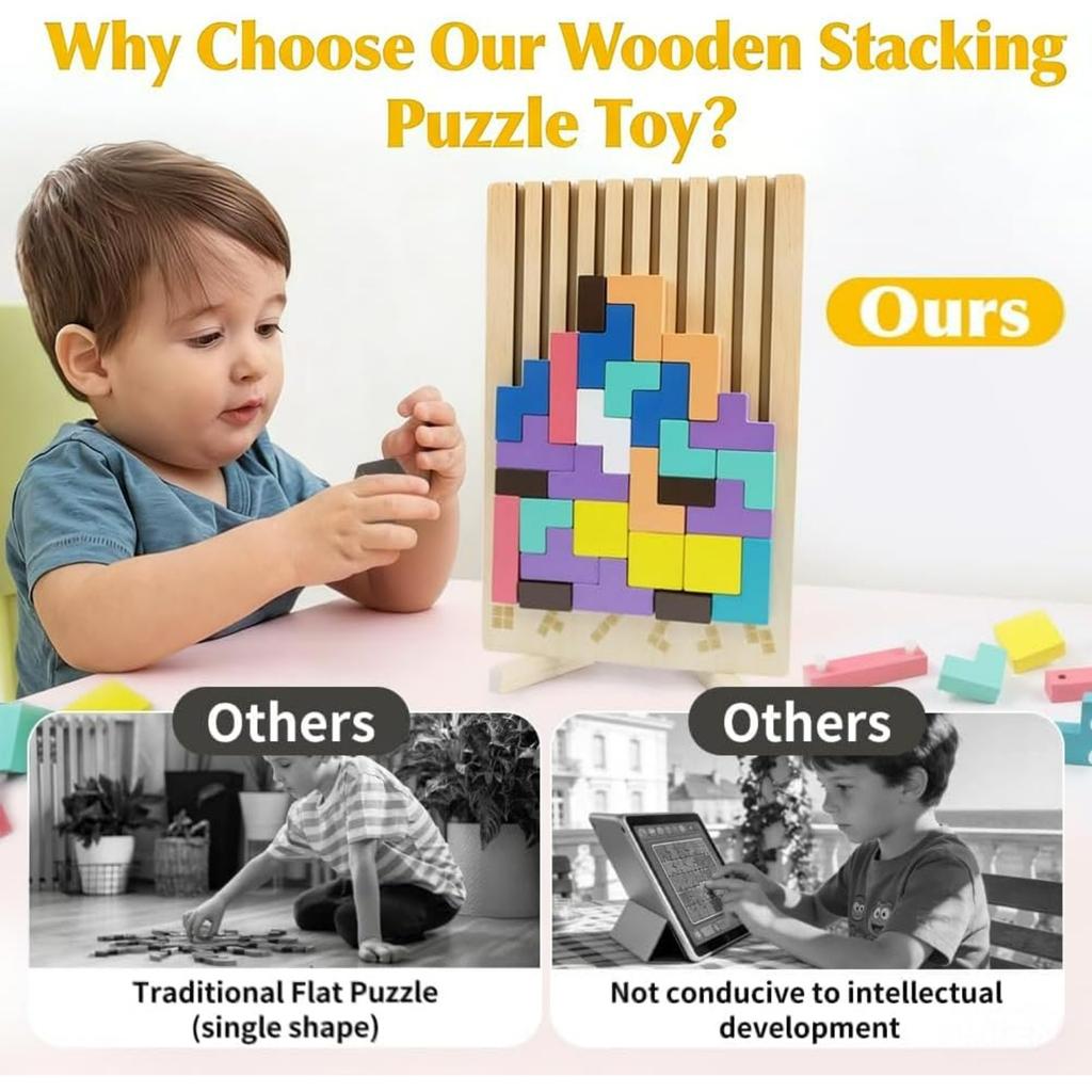 Wooden Stacking Puzzle Toy for 3+ Year Olds Kids,Wooden Stacking Puzzles Brain Teasers 3D Russian Blocks Board,Montessori Toys