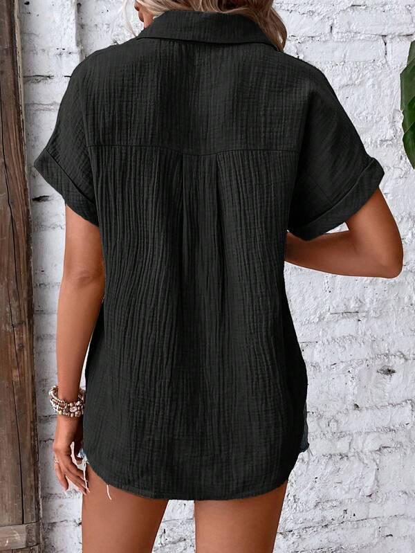 2024 Summer Women's Casual Solid Color Crinkle Fabric Batwing Sleeve Button-Down Shirt
