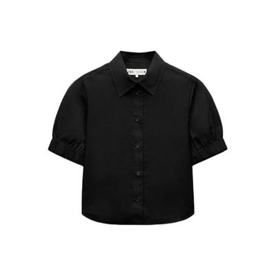 Solid Color Versatile Polo Collar Short Sleeve Shirt Women Shirts Black 2731067-800