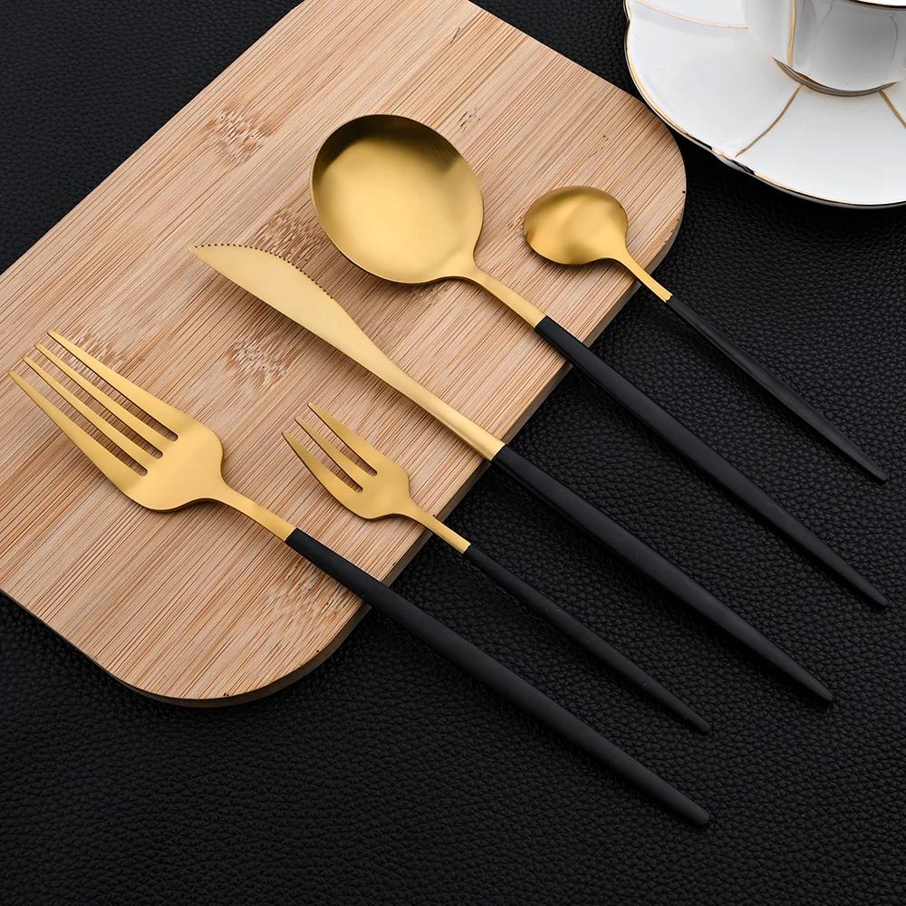 30Pcs Tableware Set Stainless Steel Flatware Matte Dinnerware Set Gold Cutlery Set Cake Fruit Fork Kitchen Knife Fork Spoon