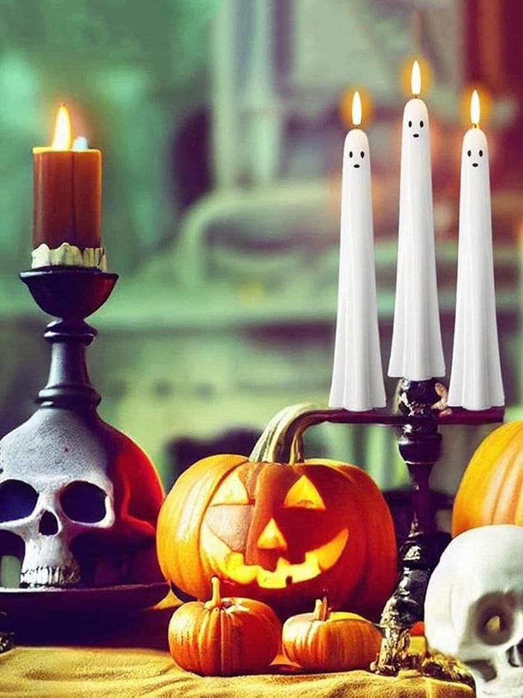 Ghost Shaped Plastic Candles Battery Operated 2/4/6 Pack White Spooky Candles for Party Favor Home Table Centerpieces Fireplace