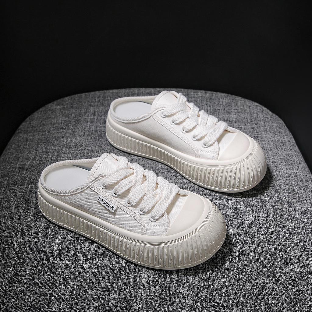 Half Dragged White Shoes for Women Breathable and Casual Canvas Shoes