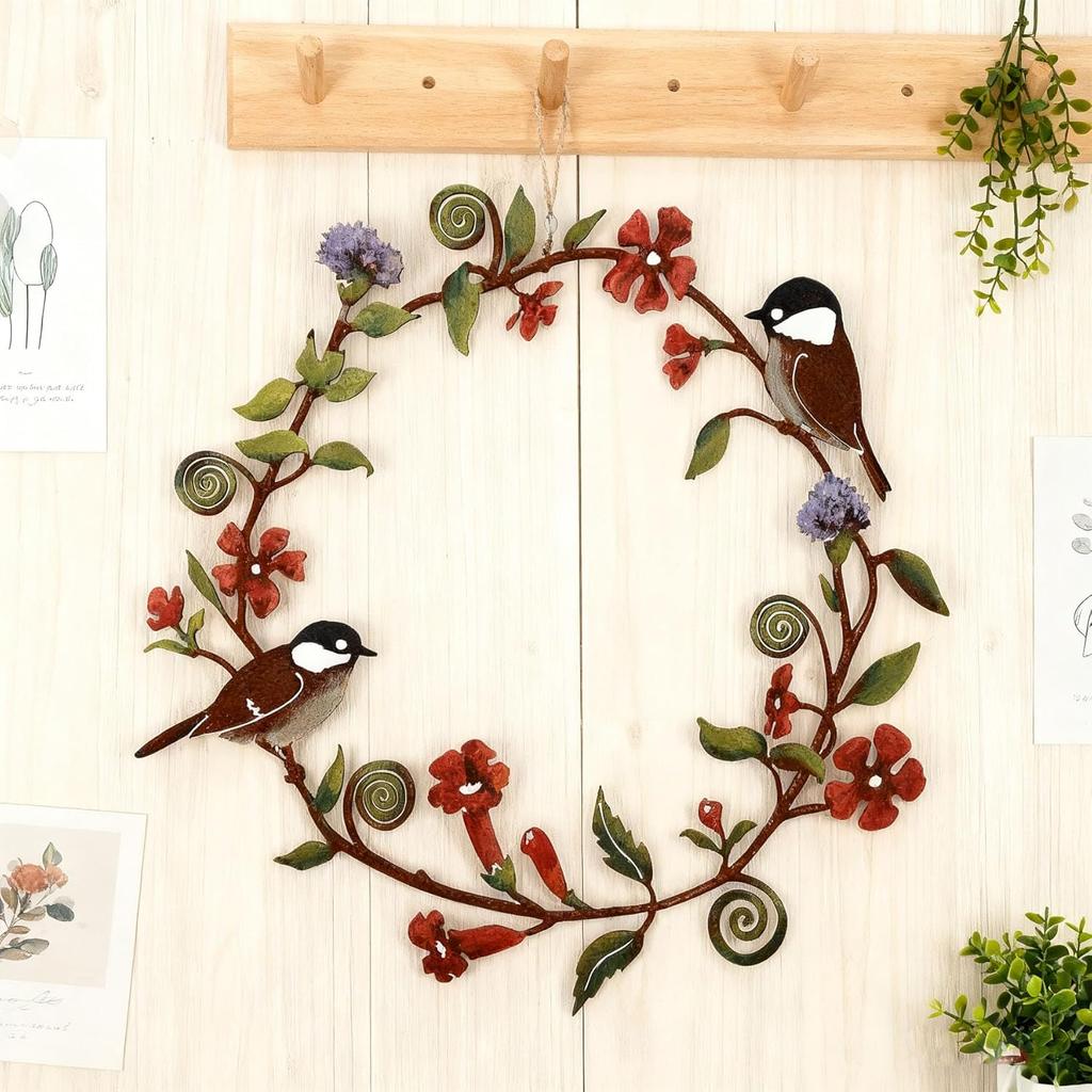 Wreath Flower with Birds Door Decorations Round Metal Bird Silhouette Wall Decor