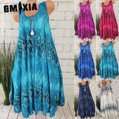 Damen Sommer Ärmellos Blumendruck Rundhals Kleid