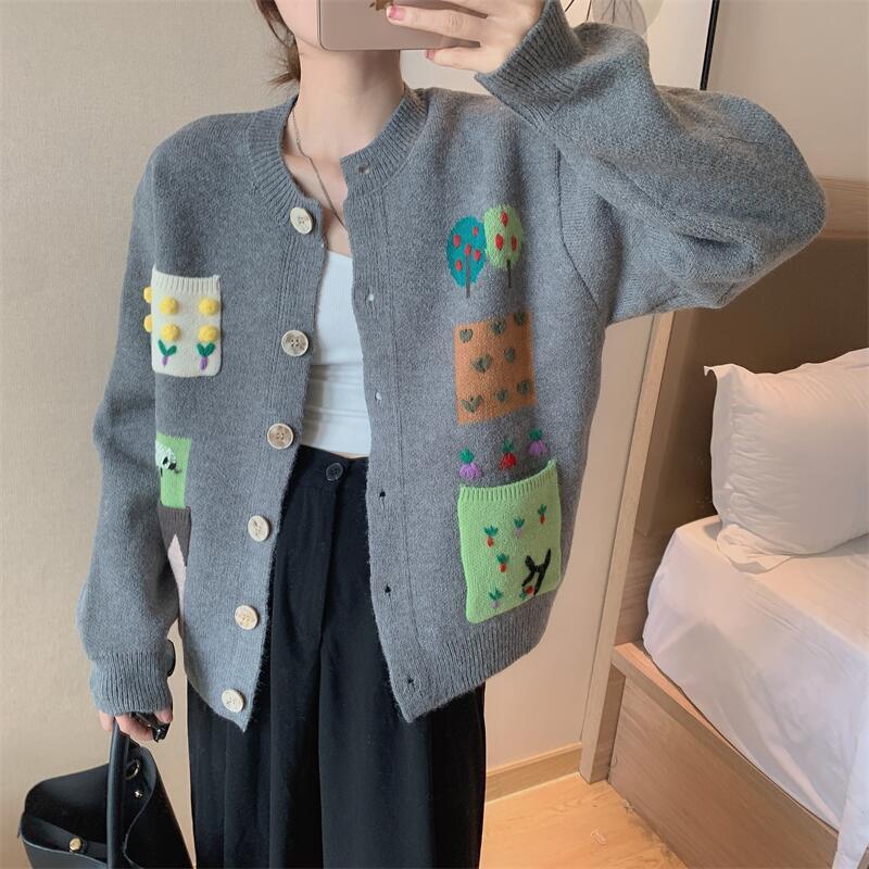 Autumn and Winter New Contrasting Color Retro Knitted Cardigan Vest Women's Loose Lazy Style Cartoon Sweater Jacket Top