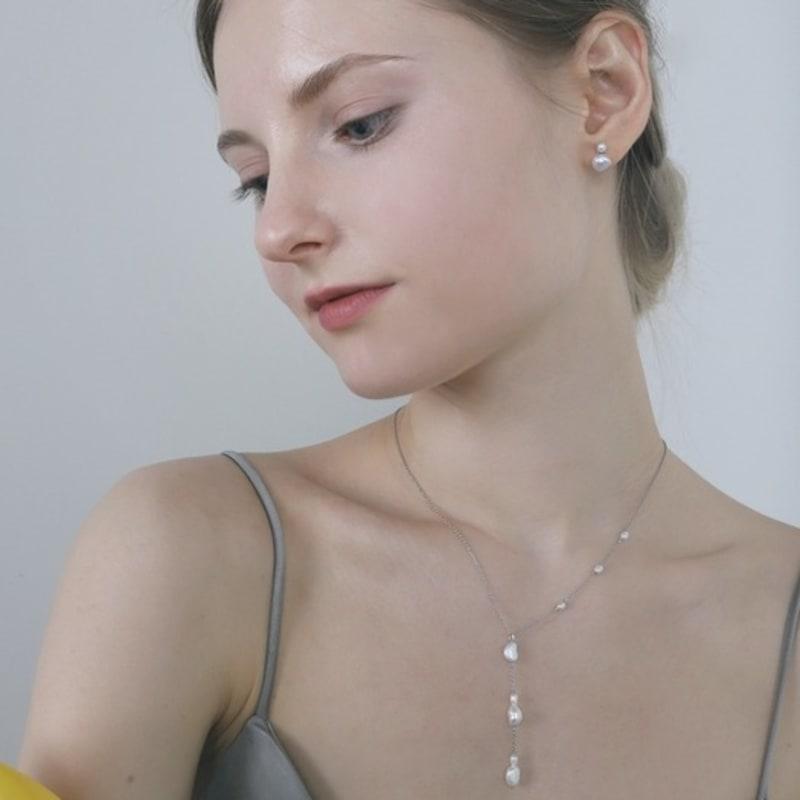 ozel Silver925 Dew Drop Natural Water Pearl Station Y Drop Necklace PS155N