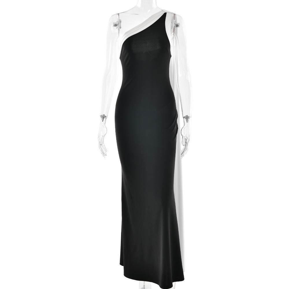 New Celebrity Temperament Elegant Sexy Dress Contrasting Color Streamer Backless Dress