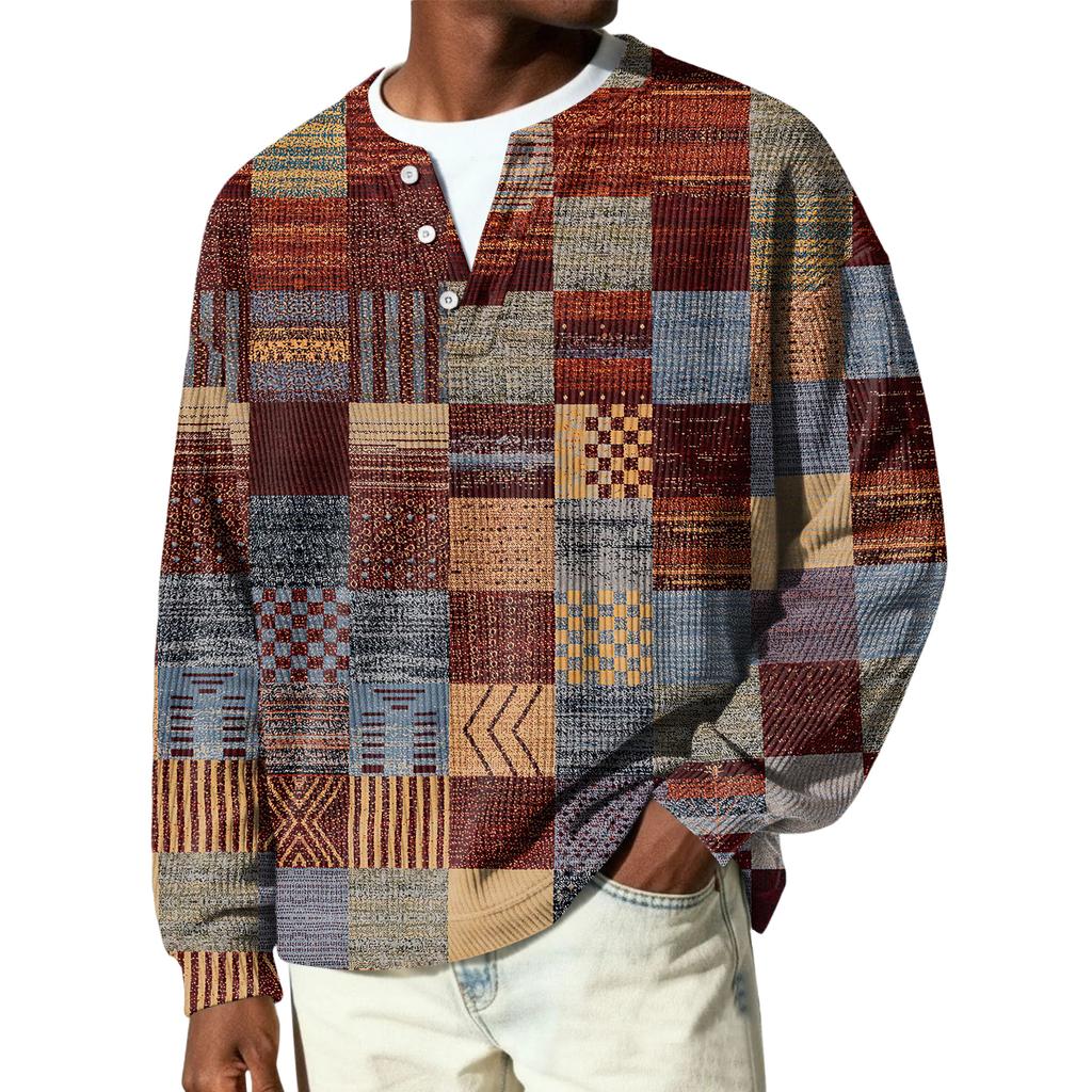 Męski sweter z dzianiny prążkowanej z długim rękawem, z kołnierzykiem zapinanym na guziki